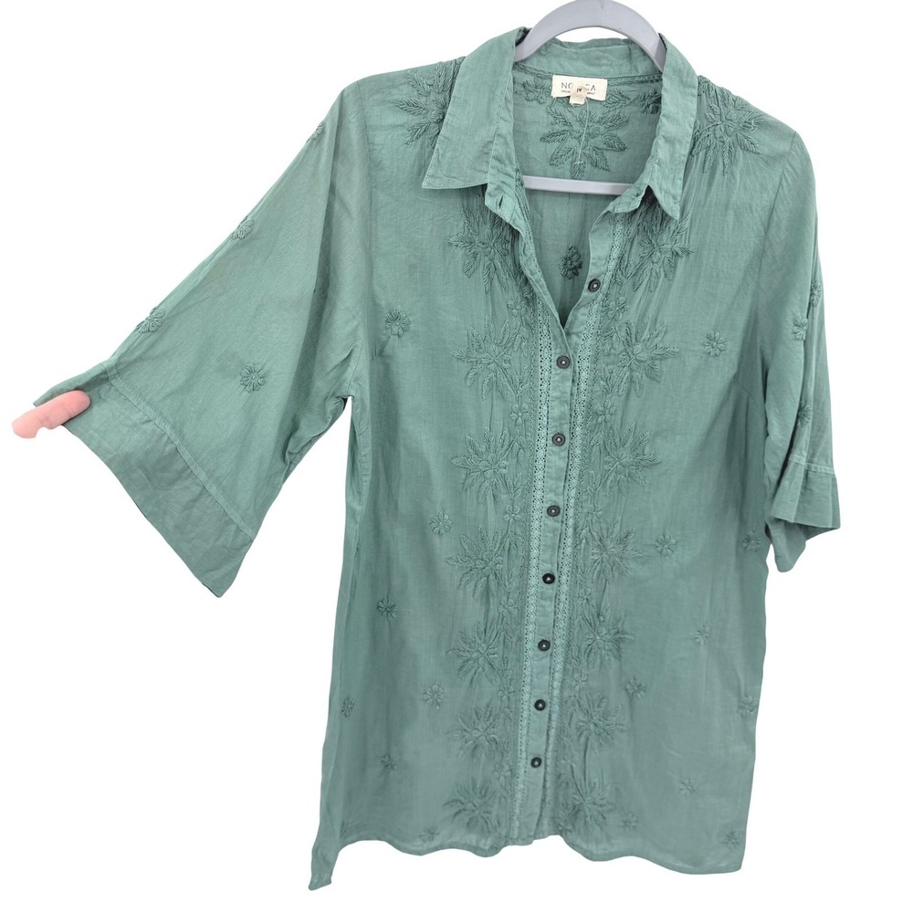 Novica Sage Green Embroidered Cotton Button Down Shirt Tunic Medium Boho Lace